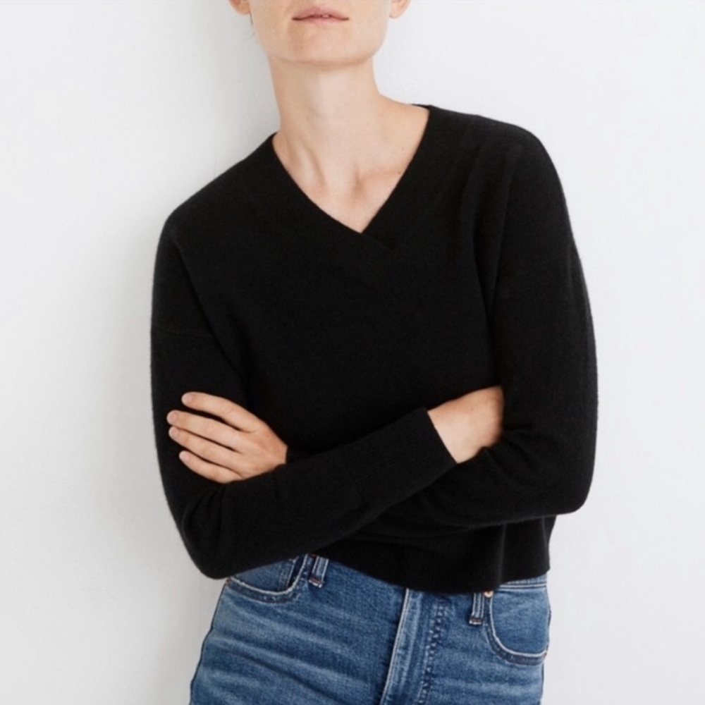 New Madewell Double-V Pullover Knit Sweater in True Black XXS